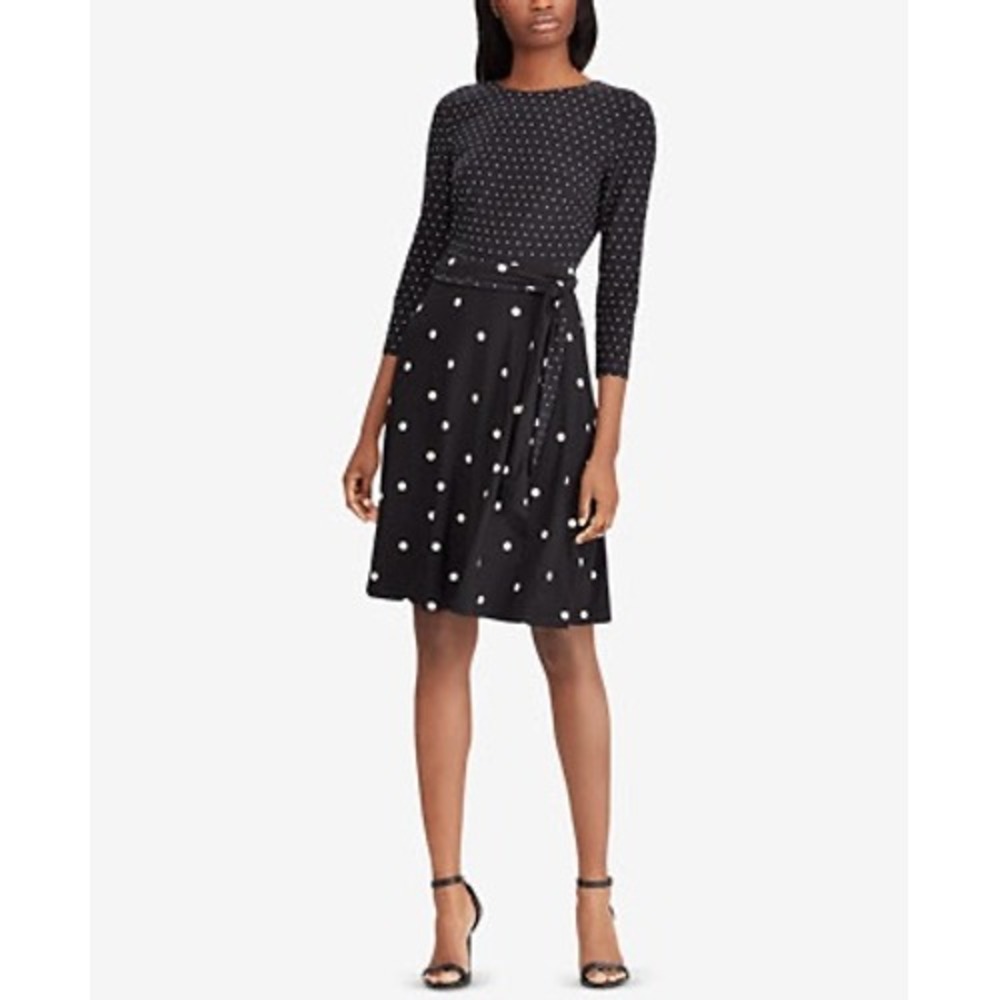 NWT Lauren Ralph Lauren Black White Polka Dot Fit & Flare Dress 6P Petite
